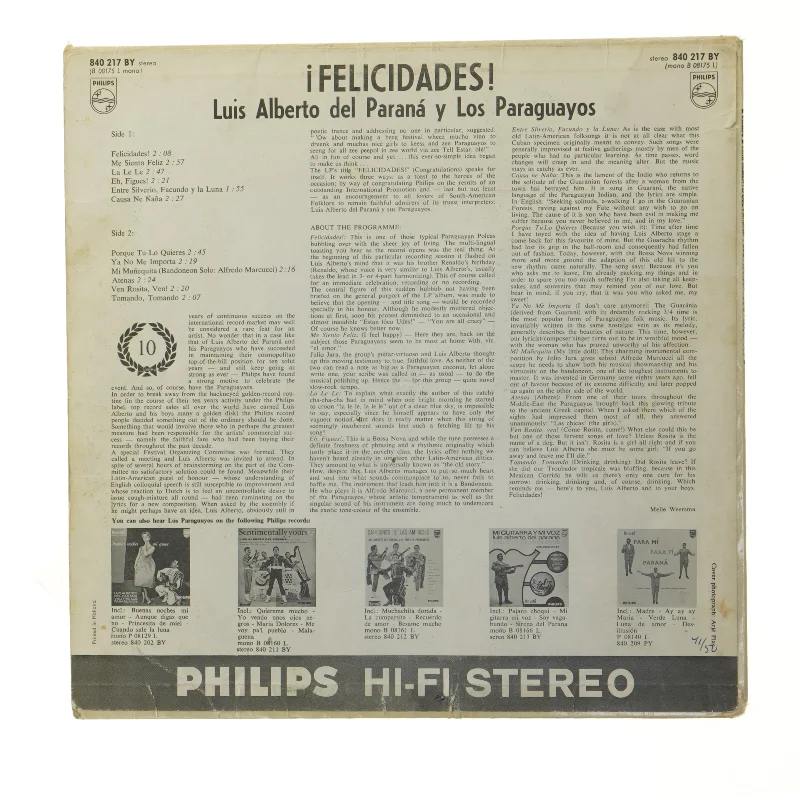 Luis Alberto del Paraná y Los Paraguayos - Felicidades LP fra Philips