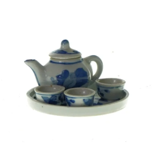 Miniature testel med 4 kopper, kande og bakke (str. Bakke Ø: 9 cm) (str. Bakke Ø: 9 cm)