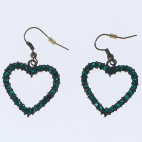Hjerteformede øreringe med grønne sten (str. 45 mm)