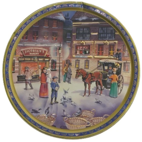 Vintage kagedåse med nostalgisk motiv (str. Ø 19,5x6,5 cm)