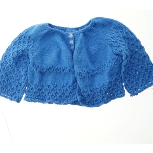 Blå håndstrikket børnecardigan (str. Bryst, 38 cm. længde, 31 cm)