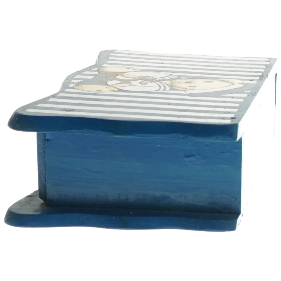 Blå og hvid stribet smykkeskrin med bamse (str. 5,5x20,5x12 cm)i træ