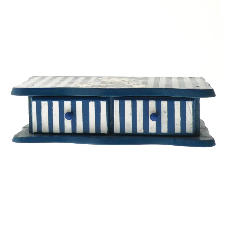 Blå og hvid stribet smykkeskrin med bamse (str. 5,5x20,5x12 cm)i træ