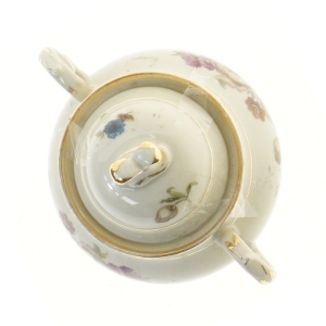 Porcelæns sukkerskål med låg og blomsterdesign fra Rosenborg og Københavns Porcellains Maleri (str. 12x12 cm)