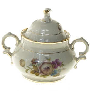 Porcelæns sukkerskål med låg og blomsterdesign fra Rosenborg og Københavns Porcellains Maleri (str. 12x12 cm)