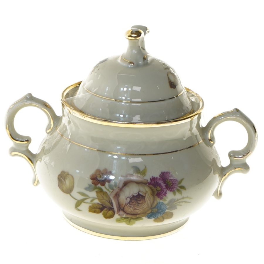 Porcelæns sukkerskål med låg og blomsterdesign fra Rosenborg og Københavns Porcellains Maleri (str. 12x12 cm)