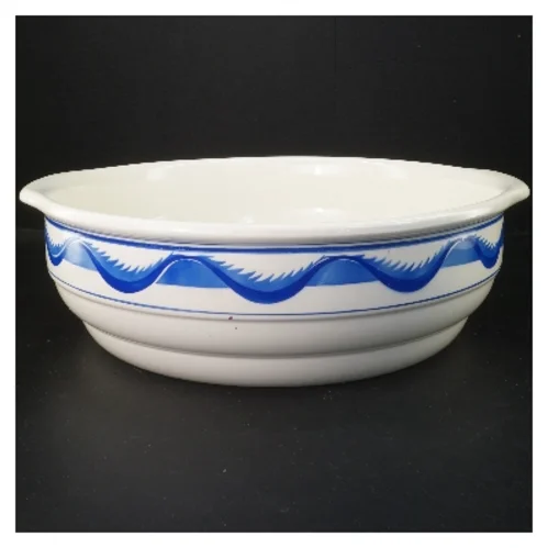 Gammelt Stort fladt servanteskål med blåt mønster (str. 35x12 cm)