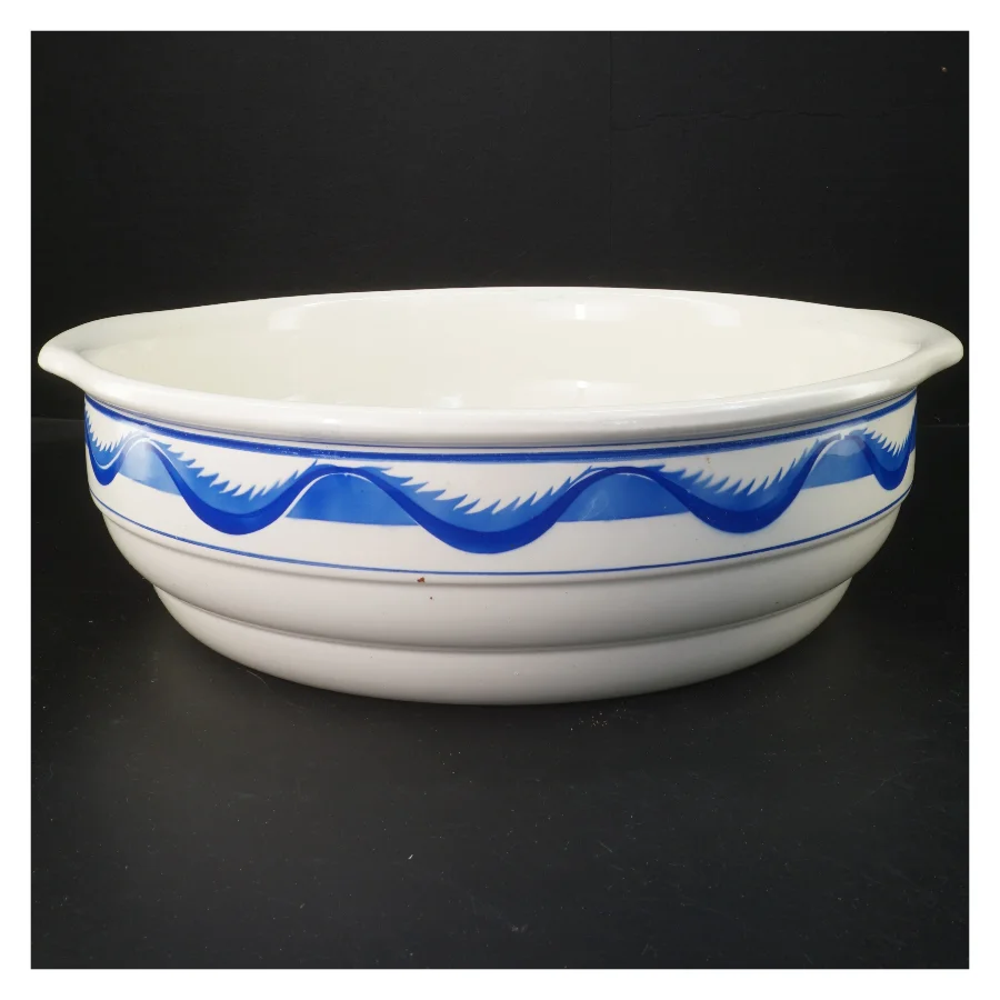 Gammelt Stort fladt servanteskål med blåt mønster (str. 35x12 cm)