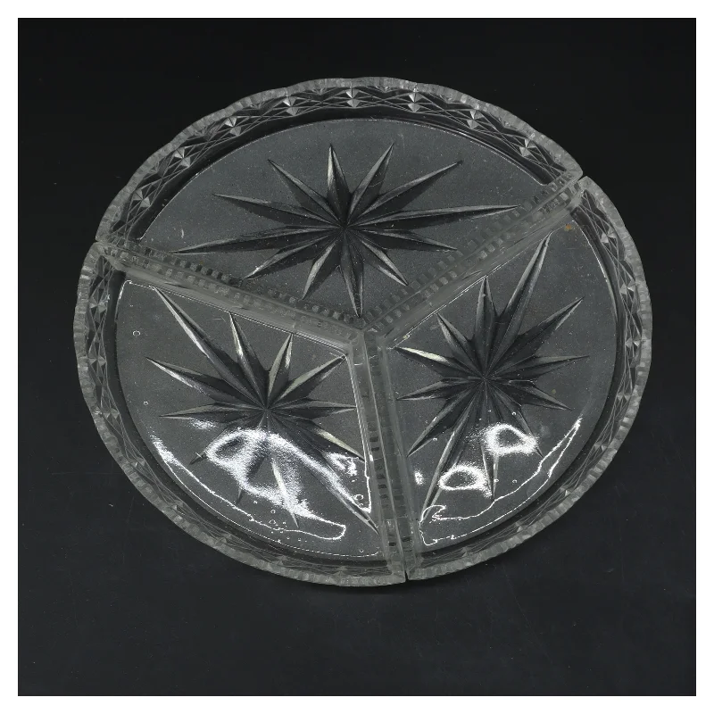 Rundt inddelt glasfad med stjernemønster (str. 3 stk 17x10 cm)