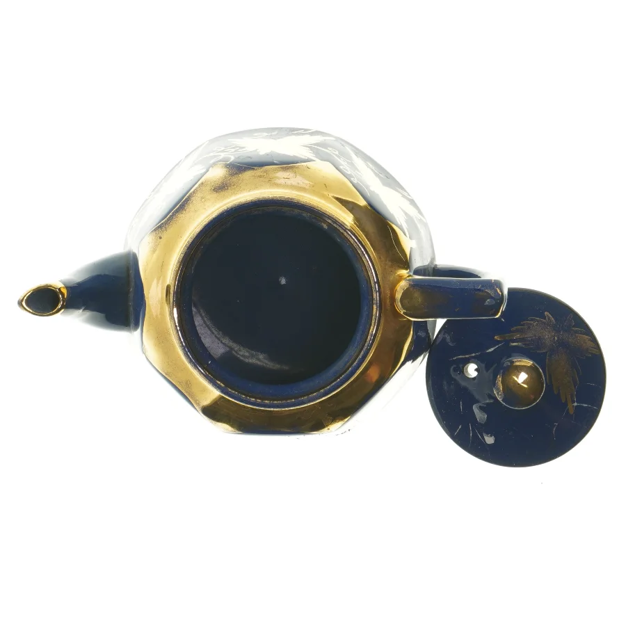 Blå tekande med gulddekorationer (str. 20 cm)