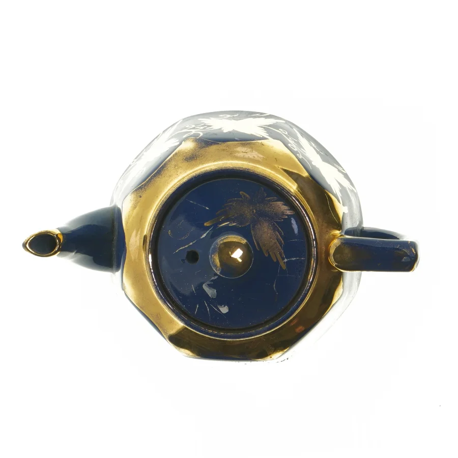 Blå tekande med gulddekorationer (str. 20 cm)