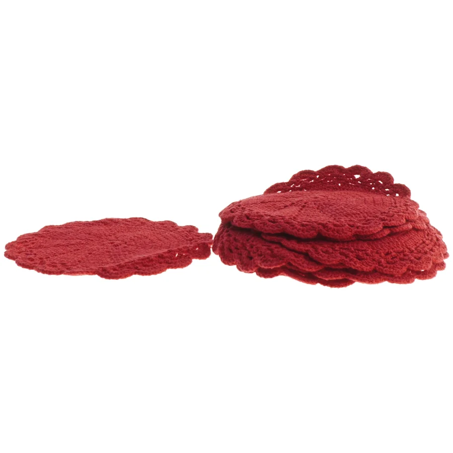 Runde røde hæklede bordskånere (str. 11 stk 14,5 cm)