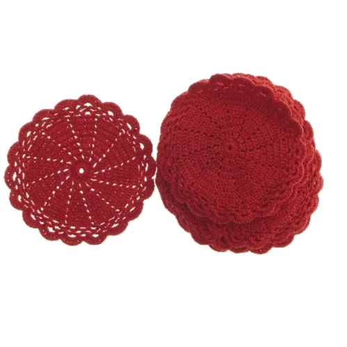 Runde røde hæklede bordskånere (str. 11 stk 14,5 cm)