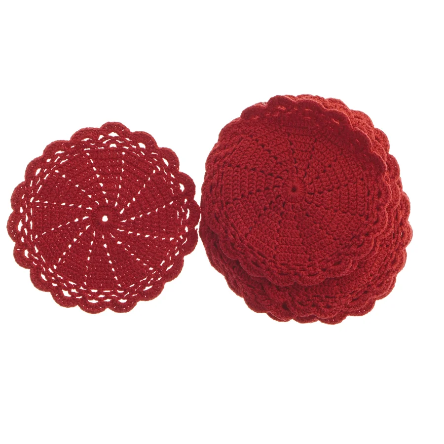 Runde røde hæklede bordskånere (str. 11 stk 14,5 cm)