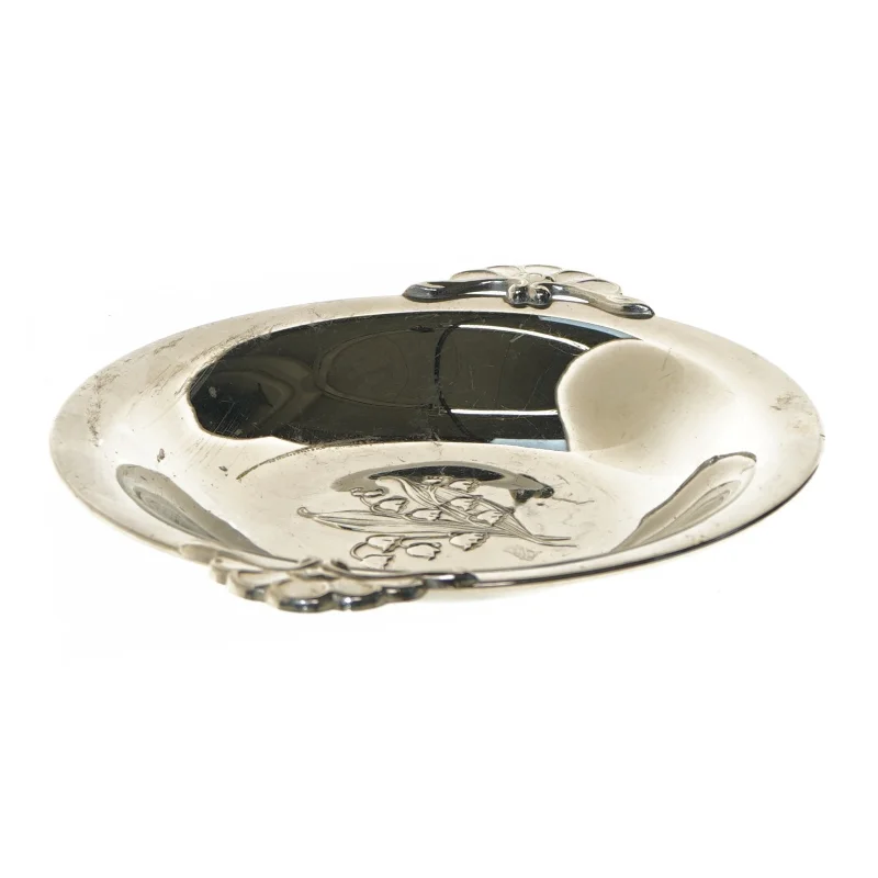 Sølvfarvet dekorationsfad med indgraveret blomsterdesign (str. Ø 20 cm)