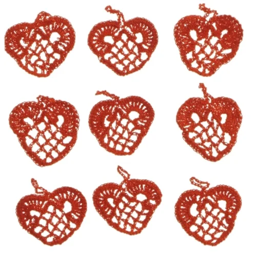 9 Hæklede hjertepynt, (str. 9 styk, ø 5 cm)