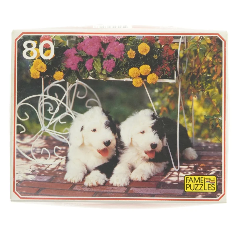 Brugt puslespil med hunde og blomstermotiv
