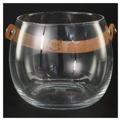 Glasvase med læderhank fra Holmegaard (str. Ø 12,5 cm længde 11,5 cm)