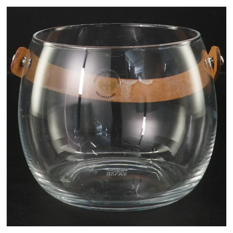 Glasvase med læderhank fra Holmegaard (str. Ø 12,5 cm længde 11,5 cm)