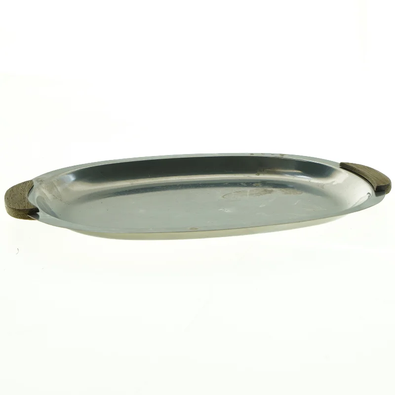 Oval metalbakke med træhåndtag (str. 33 x 22 cm)