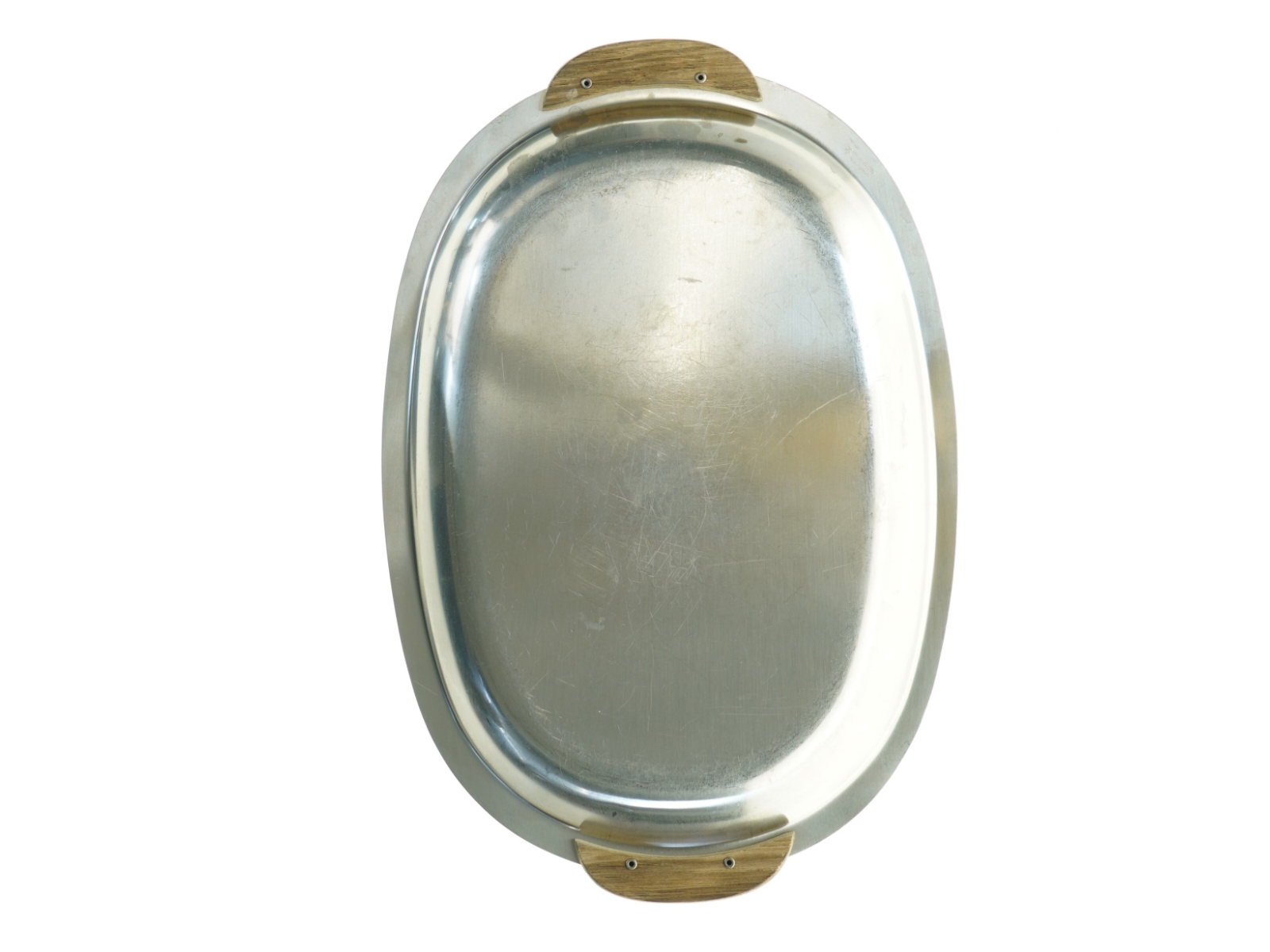 Oval metalbakke med træhåndtag (str. 33 x 22 cm)