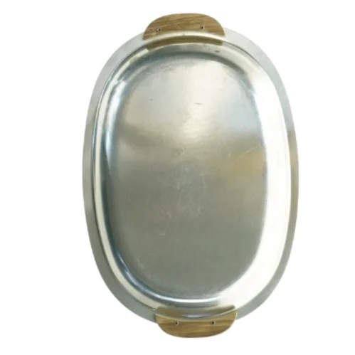 Oval metalbakke med træhåndtag (str. 33 x 22 cm)