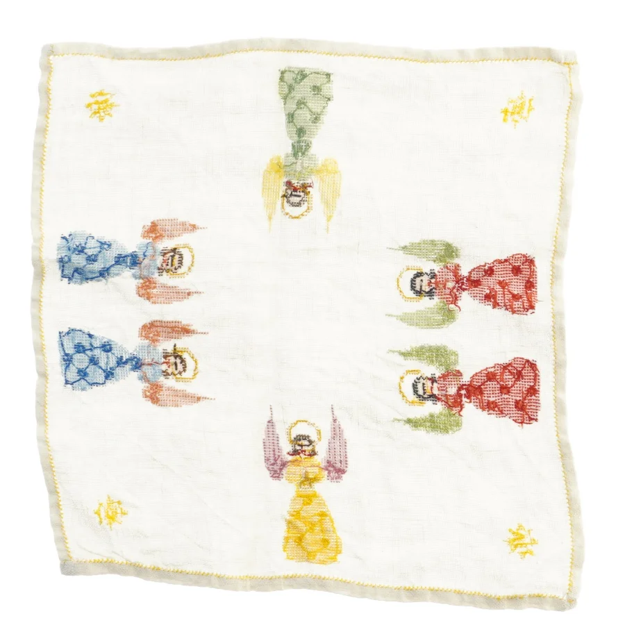 Broderet dug med englemotiv (str. 33x33 cm)