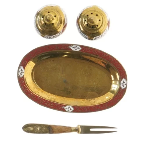 Metal bakke med små beholdere og gaffel (str. 12x8 og 6 og 11 cm)