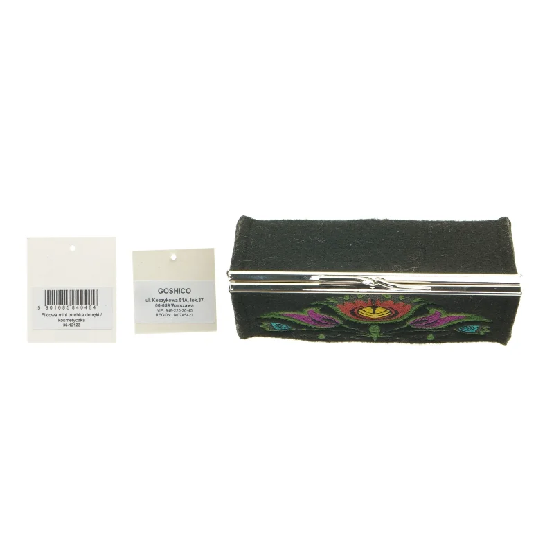 Broderet stofpung med metal lukning fra Goshico (str. 16 x 11 x 7 cm)