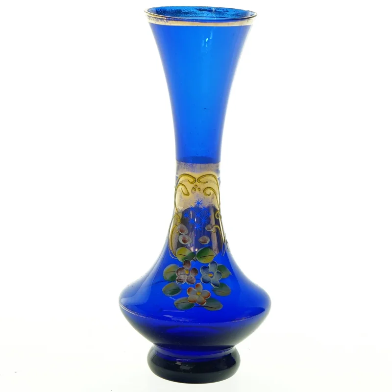 Blå glasvase med guldkant og blomsterdekoration (str. H. 18 cm)