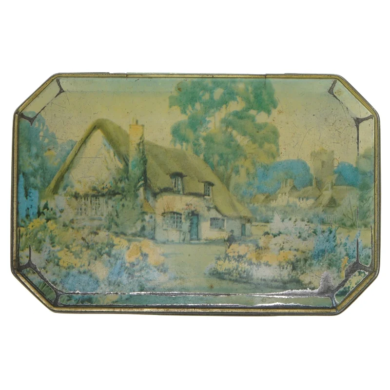 Vintage metal dåse med landskabsmotiv (str. 23,5x15,5 cm)