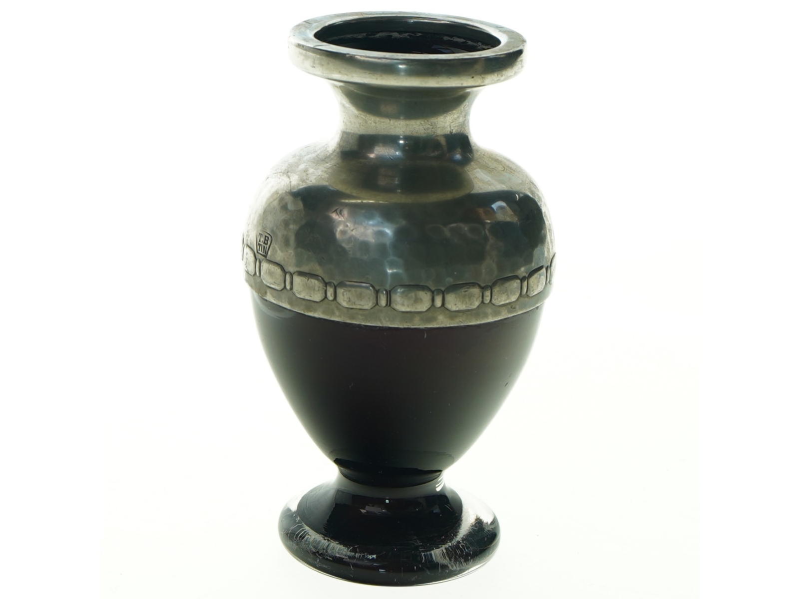 Antik Holmegaard Vase med Skønvirke Tin (str. H. 11 cm)