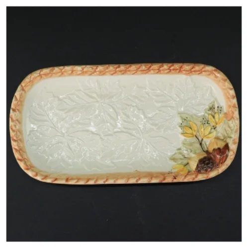 Fad i keramik med blade og frugtmotiv (str. 27 cm)