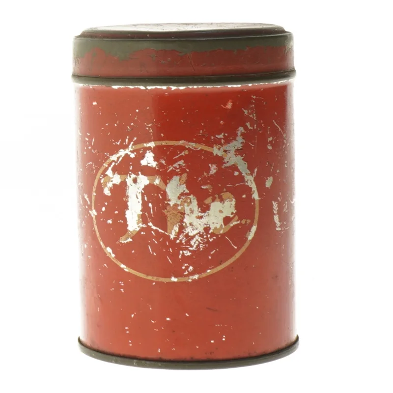 Rund rød The metaldåse med låg (str. Ø 9,5 cm længde 13,5 cm)