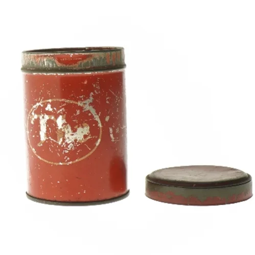 Rund rød The metaldåse med låg (str. Ø 9,5 cm længde 13,5 cm)