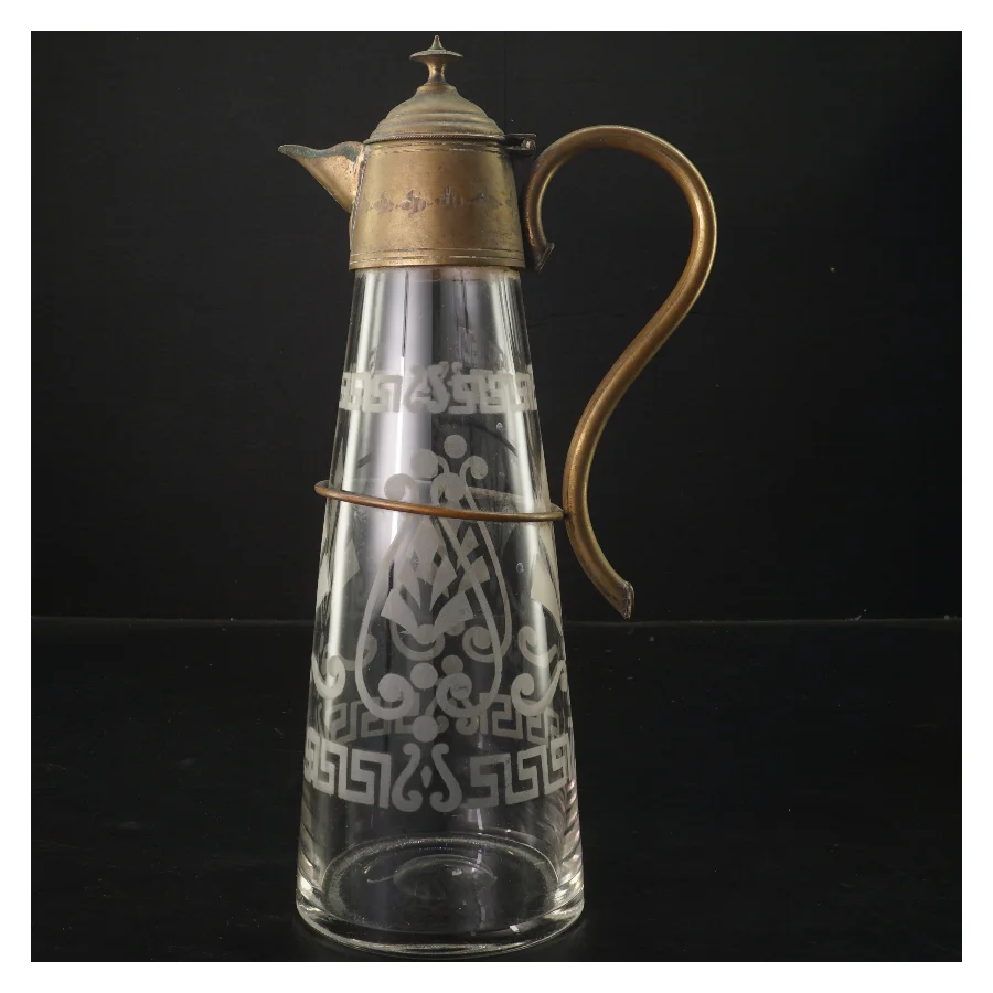 Antik karaffel i slebet glas og metal (str. 29 cm)