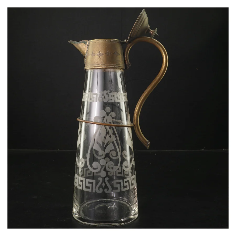 Antik karaffel i slebet glas og metal (str. 29 cm)