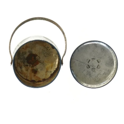 Antik blik dåse med låg (str. Ø 9 cm længde 11 cm)