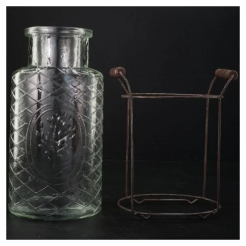 Rustik Glasvase med metalholder (str. Glasset 25,5 x 13 x 9 cm)
