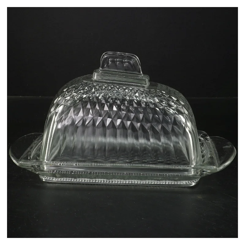 Vintage Glas Smørskål med låg (str. 27x15&19x12x12 cm)