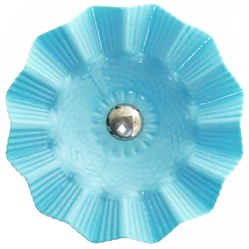 Presset Turkis Blå Opaline Glas fad på fod (str. 16 x 23 cm)