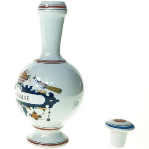 Fajance Apoteker Karaffel OL.CASSIAE med prop fra Delft (str. 27 x 12 cm)