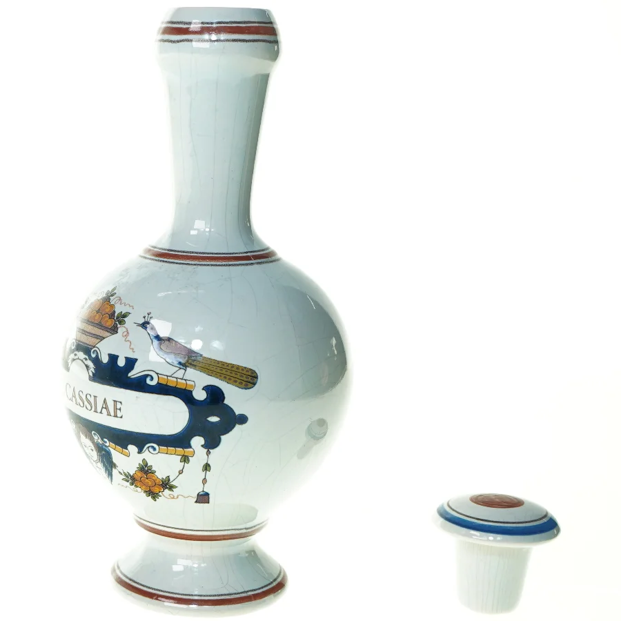 Fajance Apoteker Karaffel OL.CASSIAE med prop fra Delft (str. 27 x 12 cm)