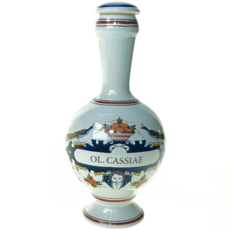 Fajance Apoteker Karaffel OL.CASSIAE med prop fra Delft (str. 27 x 12 cm)
