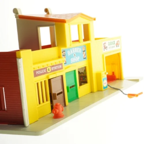 Fisher Price 1970'er butik og garage legetøj (str. 44,5 x 15,5 cm)
