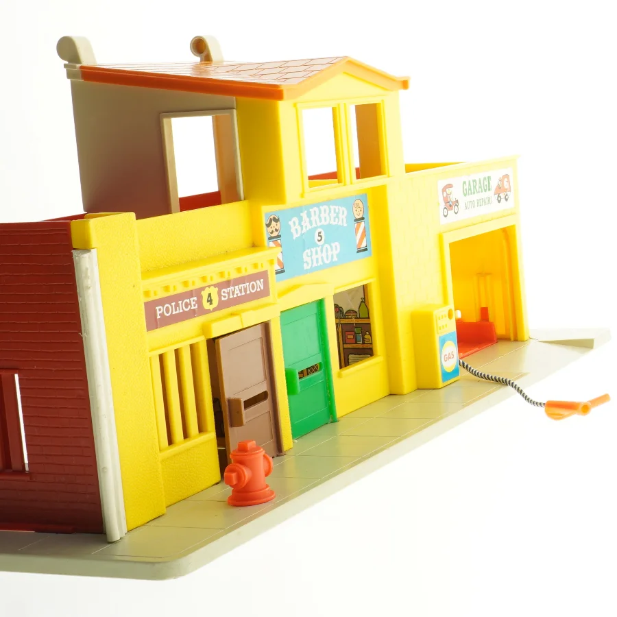 Fisher Price 1970'er butik og garage legetøj (str. 44,5 x 15,5 cm)