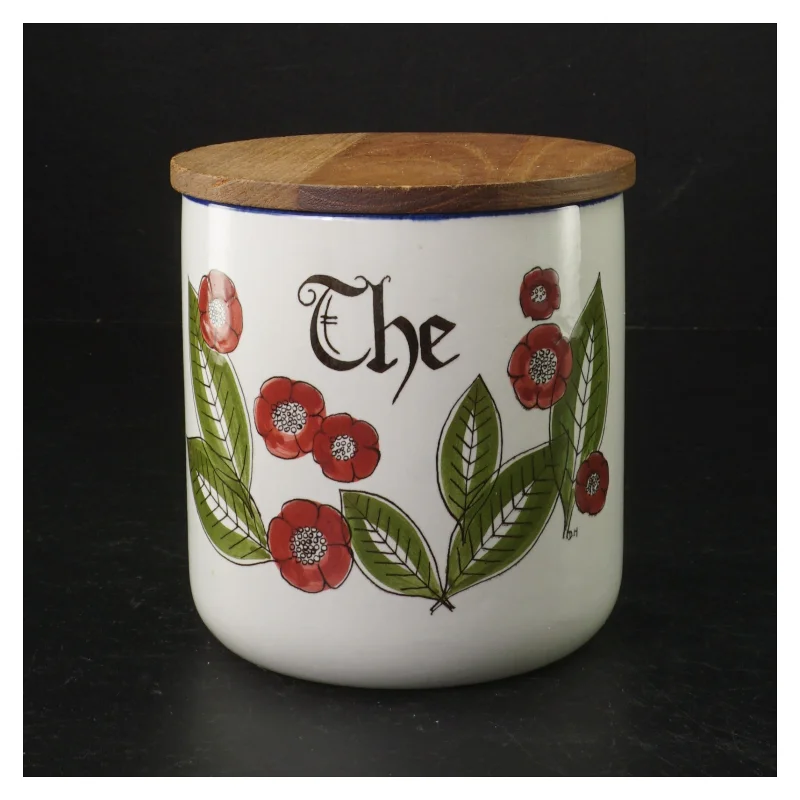 Keramik tebeholder med trælåg (str. H. 13 cm. ø. 11,5 cm)