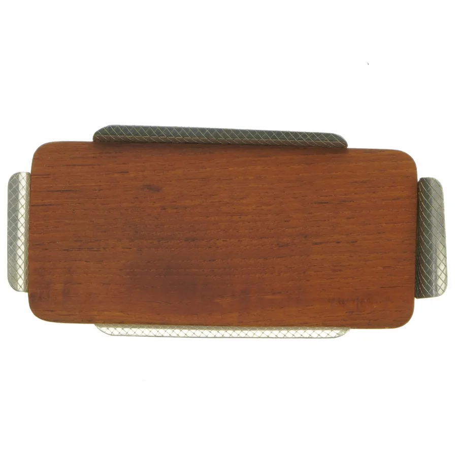 Teak Træ fad med ciseleret metal  (str. 19x9 cm)