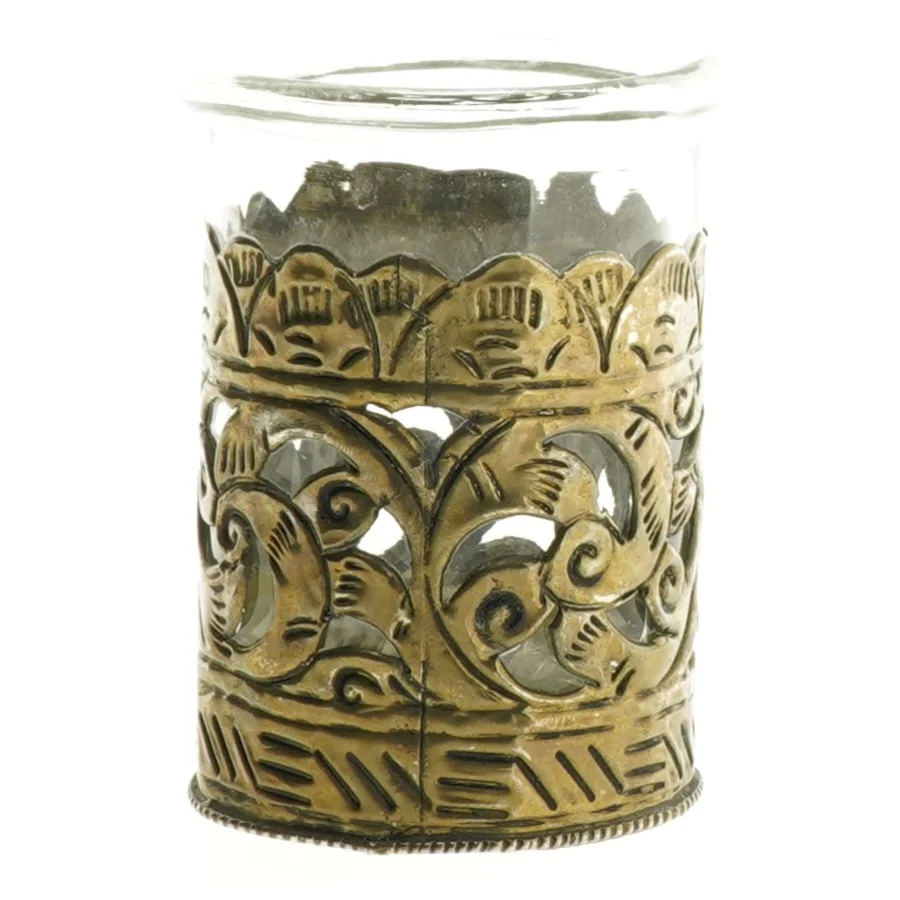 Glas vase med metalornamentik (str. 10 x 7 cm)