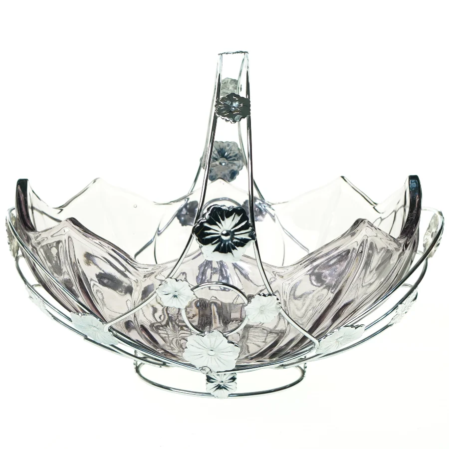 Ornamenteret Sølv kurv med lillatonet glasskål (str. 26 x 16 cm)